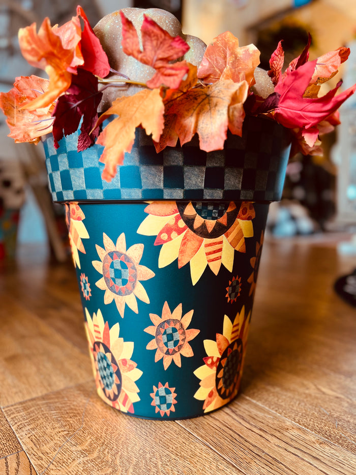 Sunflower Outdoor Pot with Gray and Black Check Border  15” pot