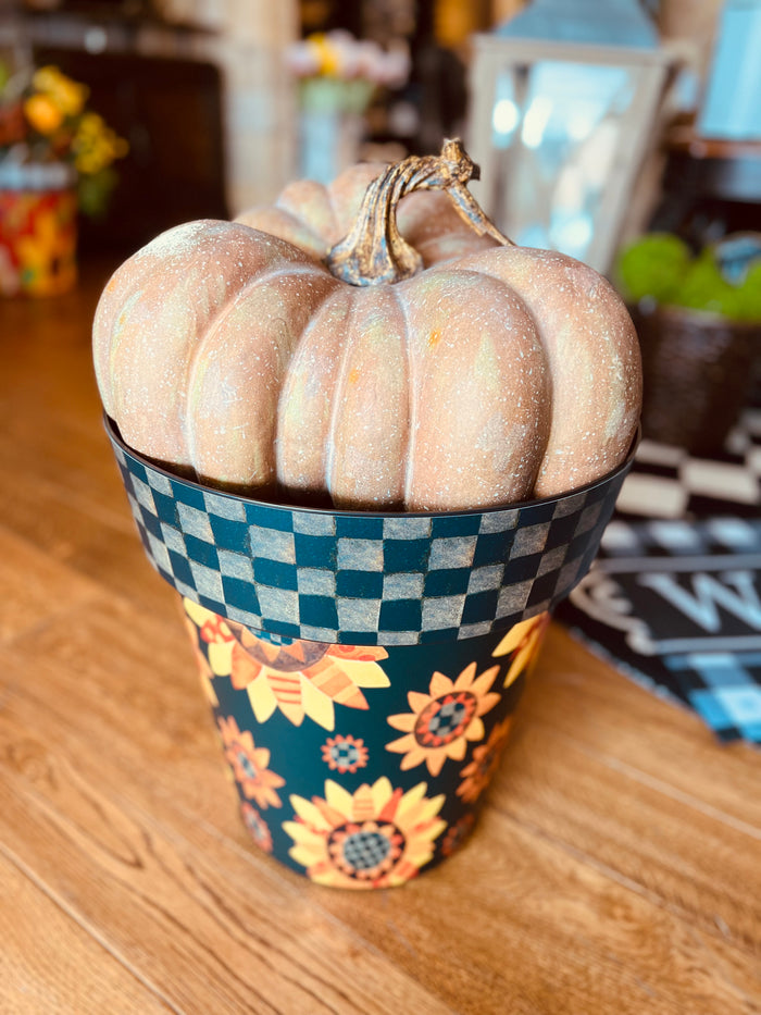 Sunflower Outdoor Pot with Gray and Black Check Border  15” pot