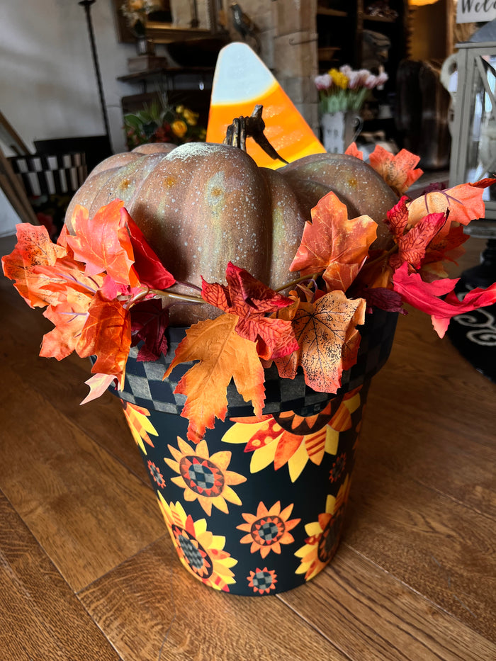 Sunflower Outdoor Pot with Gray and Black Check Border  15” pot