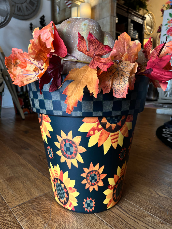 Sunflower Outdoor Pot with Gray and Black Check Border  15” pot