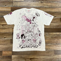 White Supreme Downtown Tee with graphic urban art design and stars on front and sleeves