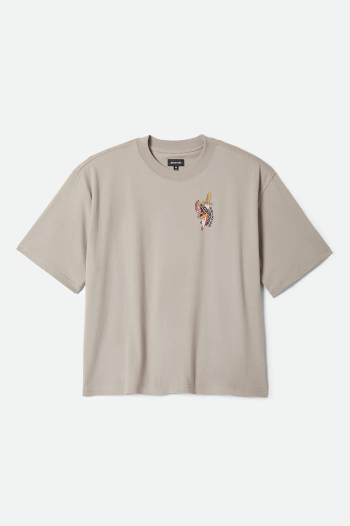 Men's Sword Short Sleeve Boxed Crop T-Shirt in the color Pebble Stone - Front Product Laydown Image