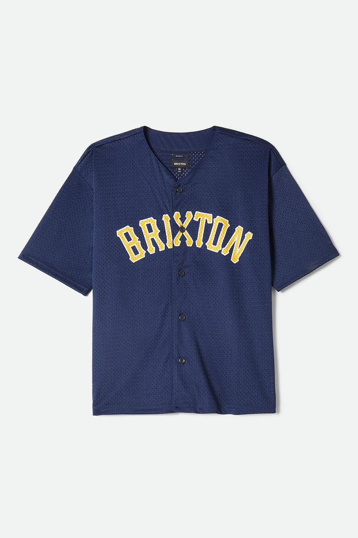 Men's The Brixton Mesh Short Sleeve Baseball Jersey in the color Washed Navy - Front Product Laydown Image
