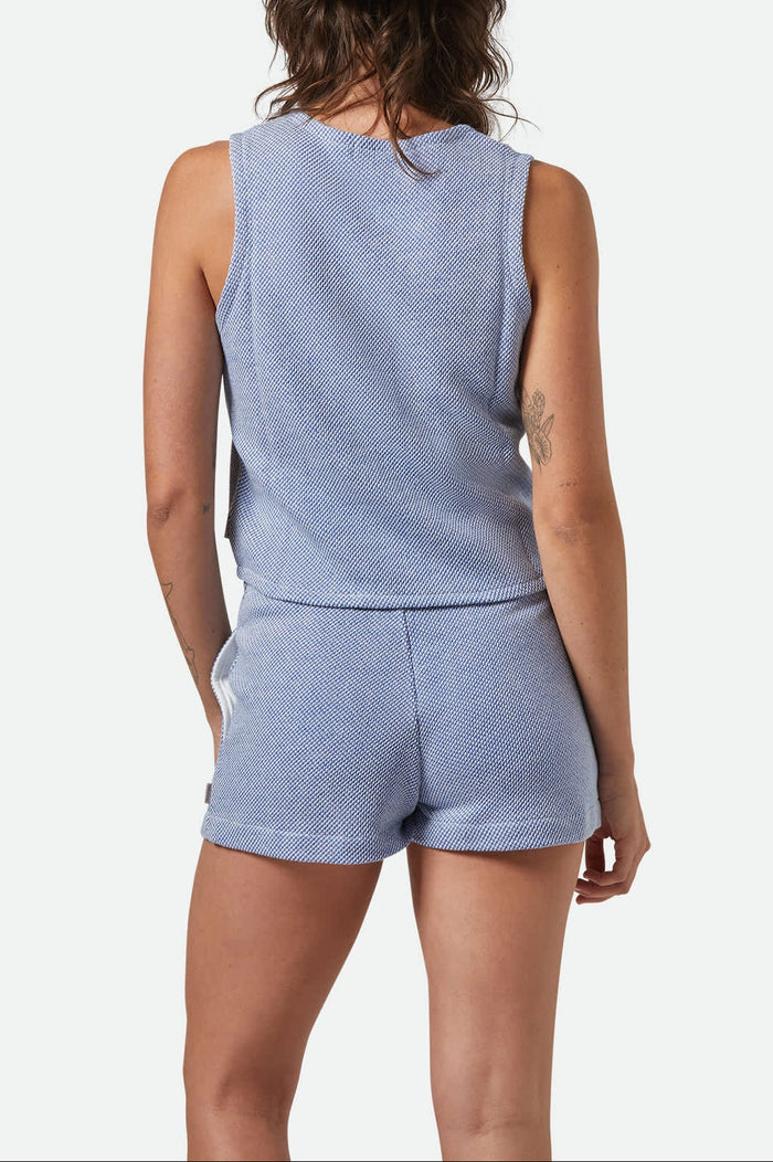 Women's The Weekend Cross Loop French Terry Top in the color Off White/Electric Indigo - Women's Back View