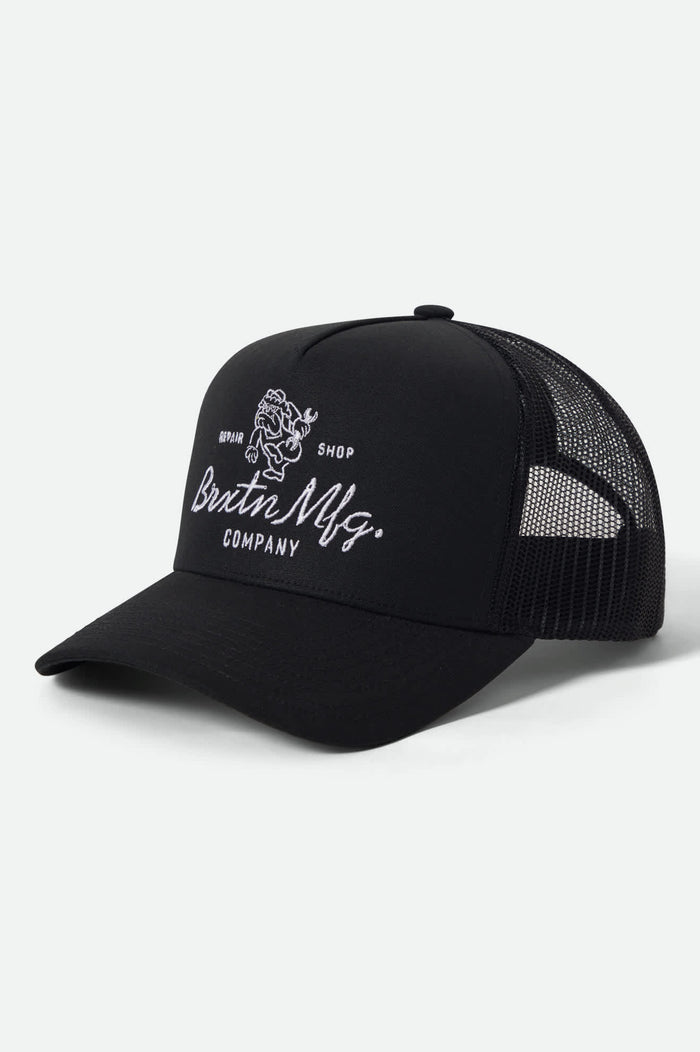 Unisex Tolman NetPlus Trucker Hat in the color Black/Black - Front Product View