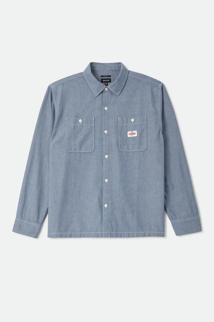 Men's Trademark Long Sleeve Shirt in the color Blue Chambray Micro Stripe - Front Product Laydown Image