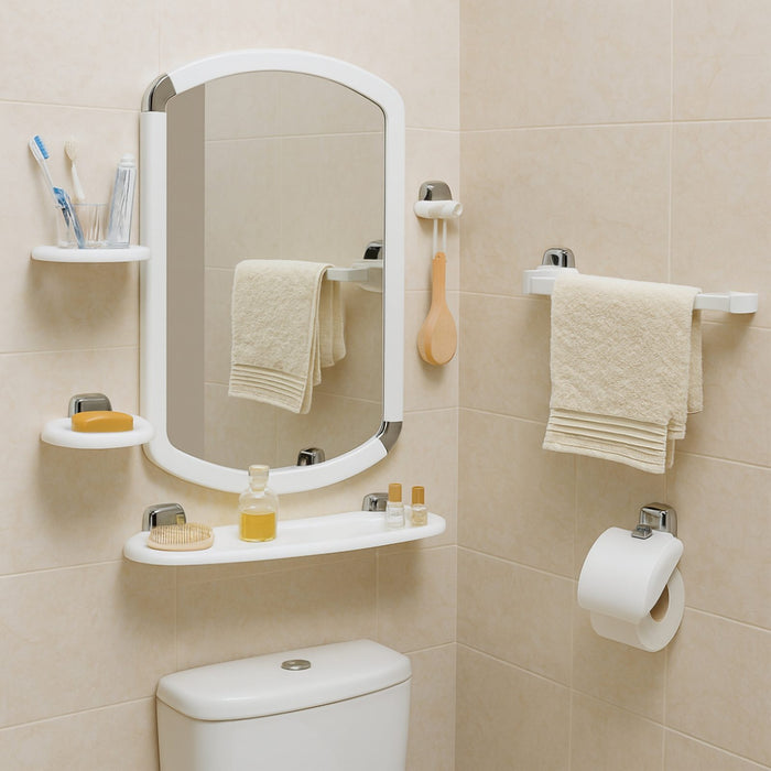 Wall-Mounted 7-Piece Bathroom Accessory Set in White Plastic