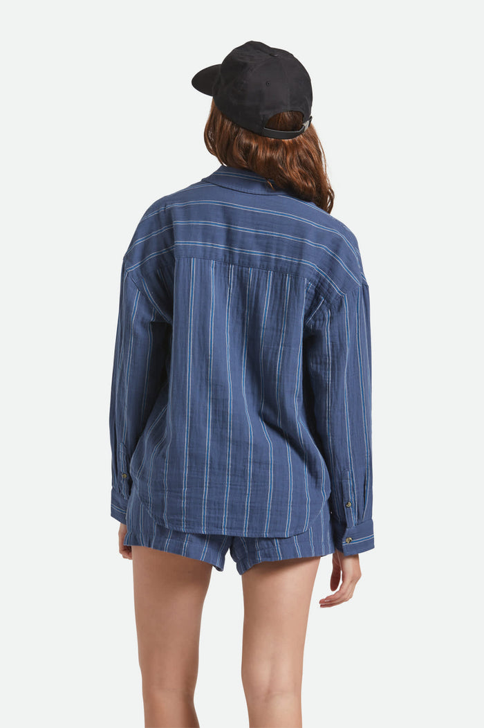 Women's Wandering L/S Overshirt in the color Berring Sea/White - Women's Back View