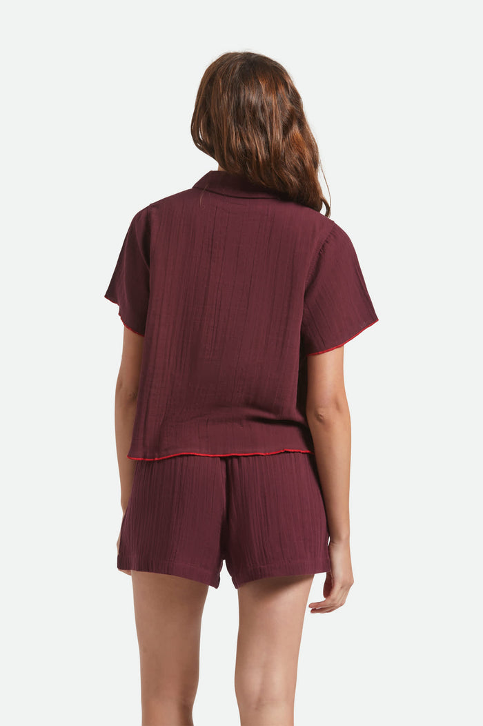 Women's Wandering Tie Top in the color Port - Women's Back View