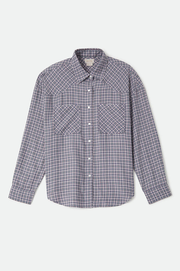 Women's Wayne Women's Shirt in the color Soft Navy Plaid - Front Product Laydown Image