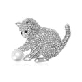 White Leaf Embellished Kitten And Pearl Brooch In Silver (LPQ254S)