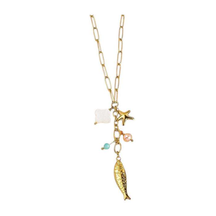 White Leaf Multi Charm Fish Drop Necklace In Gold (NLN512G)