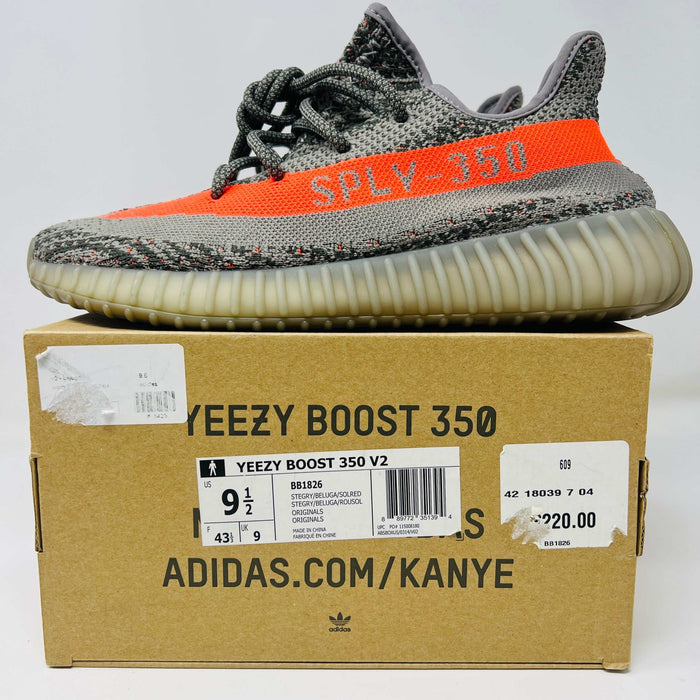 adidas Yeezy Boost 350 V2 Beluga sneaker with grey and orange colorway on box