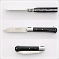 Yssingeaux 11 cm Classic Pocket Knife - Black Horn. Top-down view of the open blade and handle. Handcrafted details, 100% Made in France.
