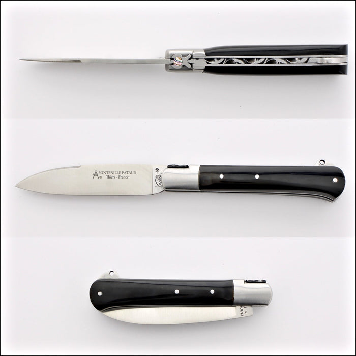 Yssingeaux 11 cm Classic Pocket Knife - Black Horn. Top-down view of the open blade and handle. Handcrafted details, 100% Made in France.