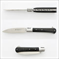 Yssingeaux 11 cm Classic Pocket Knife - Ebony Handle. Top-down view, open blade, dark ebony handle with metal accents. Handcrafted details, 100% Made in France.