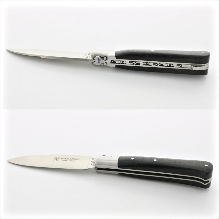 Yssingeaux 11 cm Classic Pocket Knife, ebony handle, side view. Handcrafted details, 100% Made in France.